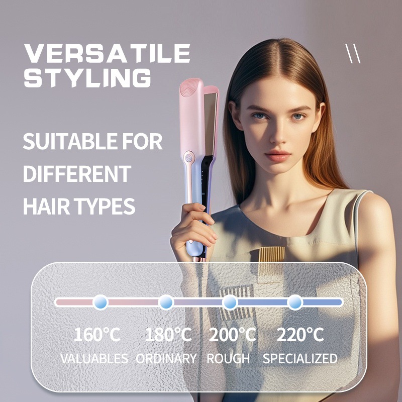 Model with long straight hair holding straightener, temperature scale overlay.