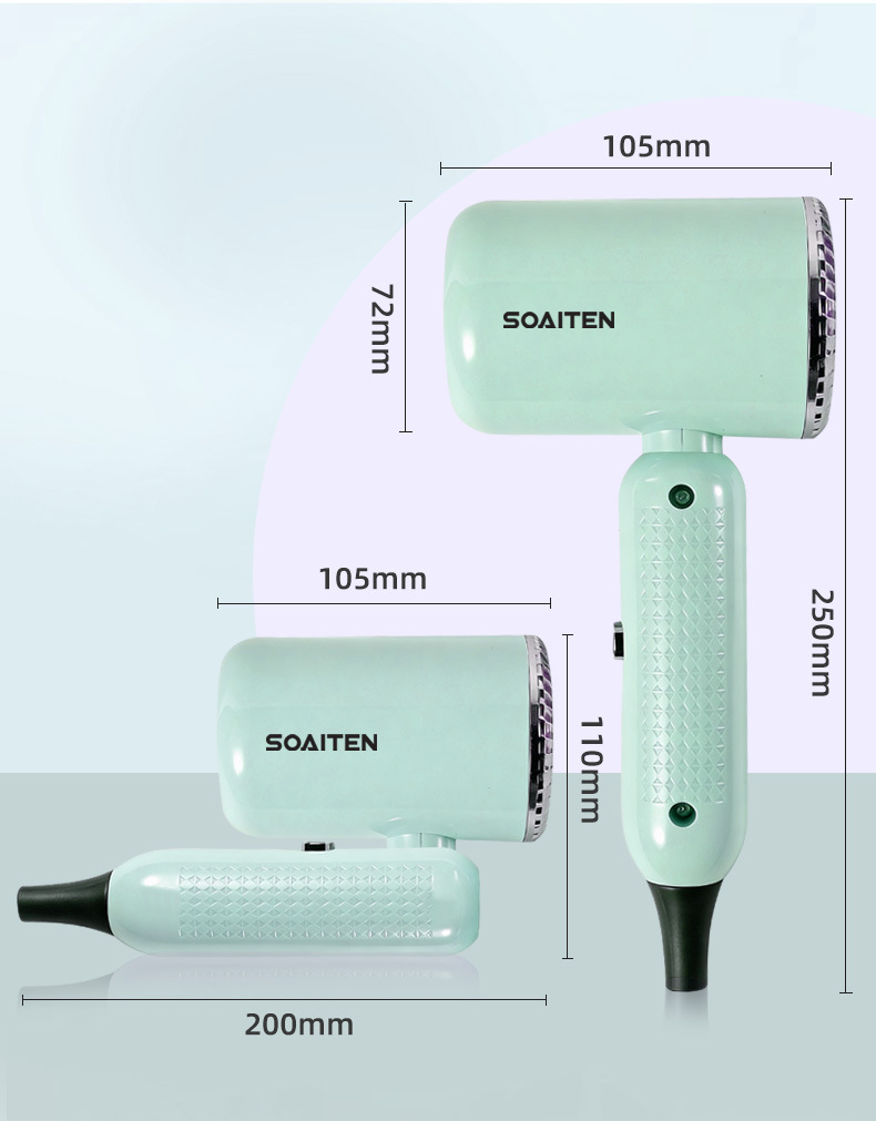 Mint green hair dryer with size callouts and SOAITEN branding