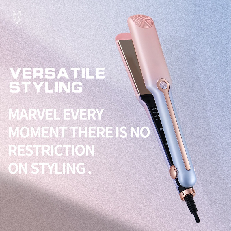 Promotional graphic of pink and blue straightener with styling text.