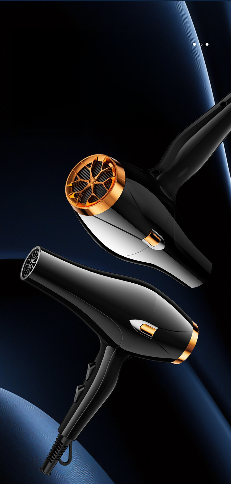 Black and rose gold hair dryer shown in two angled views