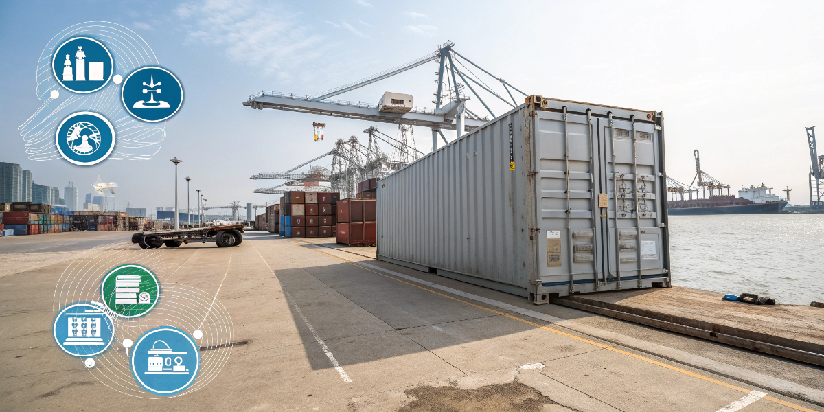 Calculating Landed Cost for Imported Goods A shipping container at a port with icons for freight, duties, and customs