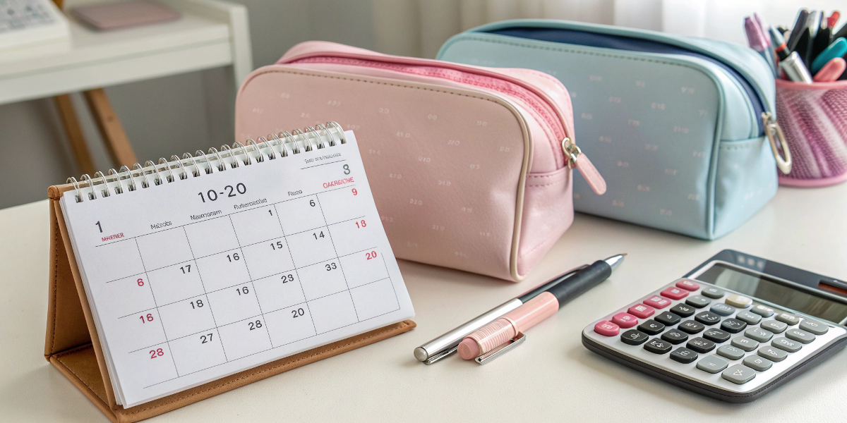 Planning Makeup Bag Production Timelines A calendar and a calculator next to fabric swatches for makeup bags