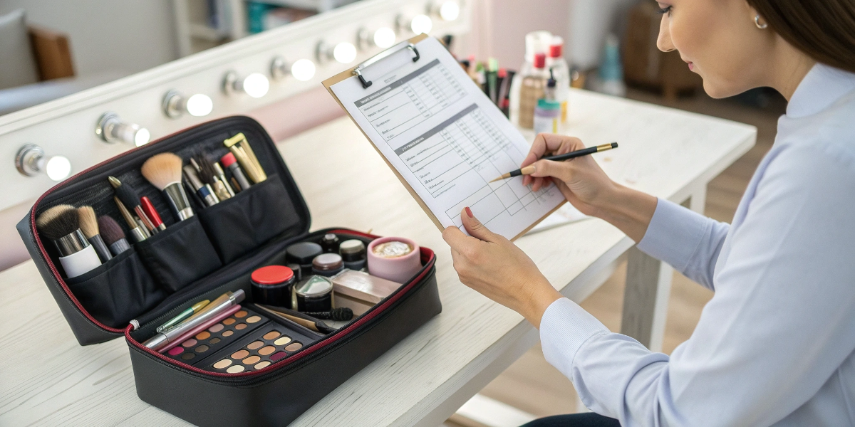 Quality Control Inspection for Makeup Bags A quality control inspector examining a cosmetic bag with a checklist