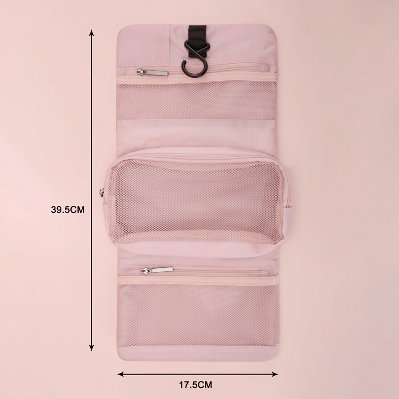 Open hanging toiletry organizer with several fixed storage levels