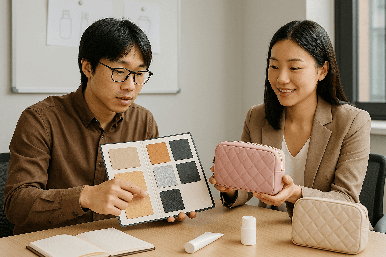 Brand Collaboration and Prototyping A collaborative meeting scene with designers and brand managers looking at material samples and product prototypes.