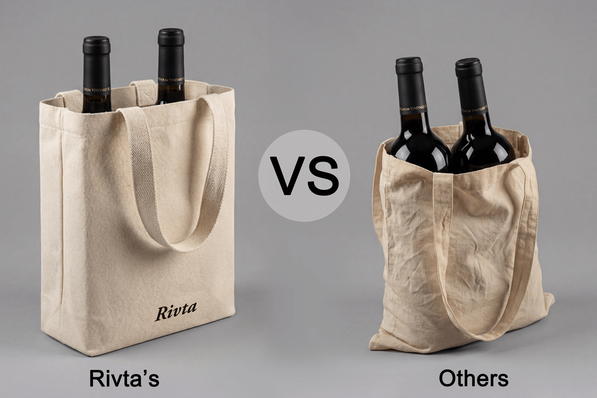 Structured Heavy-Duty Totes for Wine and Home Decor A collection of structured heavy-duty totes holding wine bottles and ceramic home decor standing upright