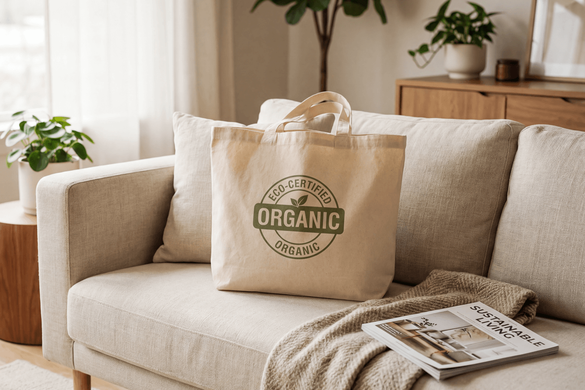 Second Gift Reusable Tote in Home Interior Lifestyle shot of tote bag used as home storage beside a sofa