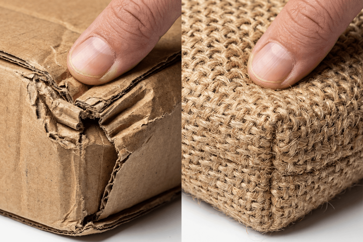 Soft Armor vs Cardboard Protection Comparison Close-up comparison of dented cardboard versus resilient jute fabric absorbing impact
