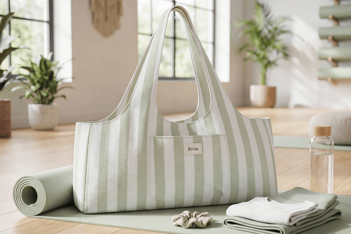 Close-up of bamboo fiber yoga bag with soft drape next to a rolled yoga mat