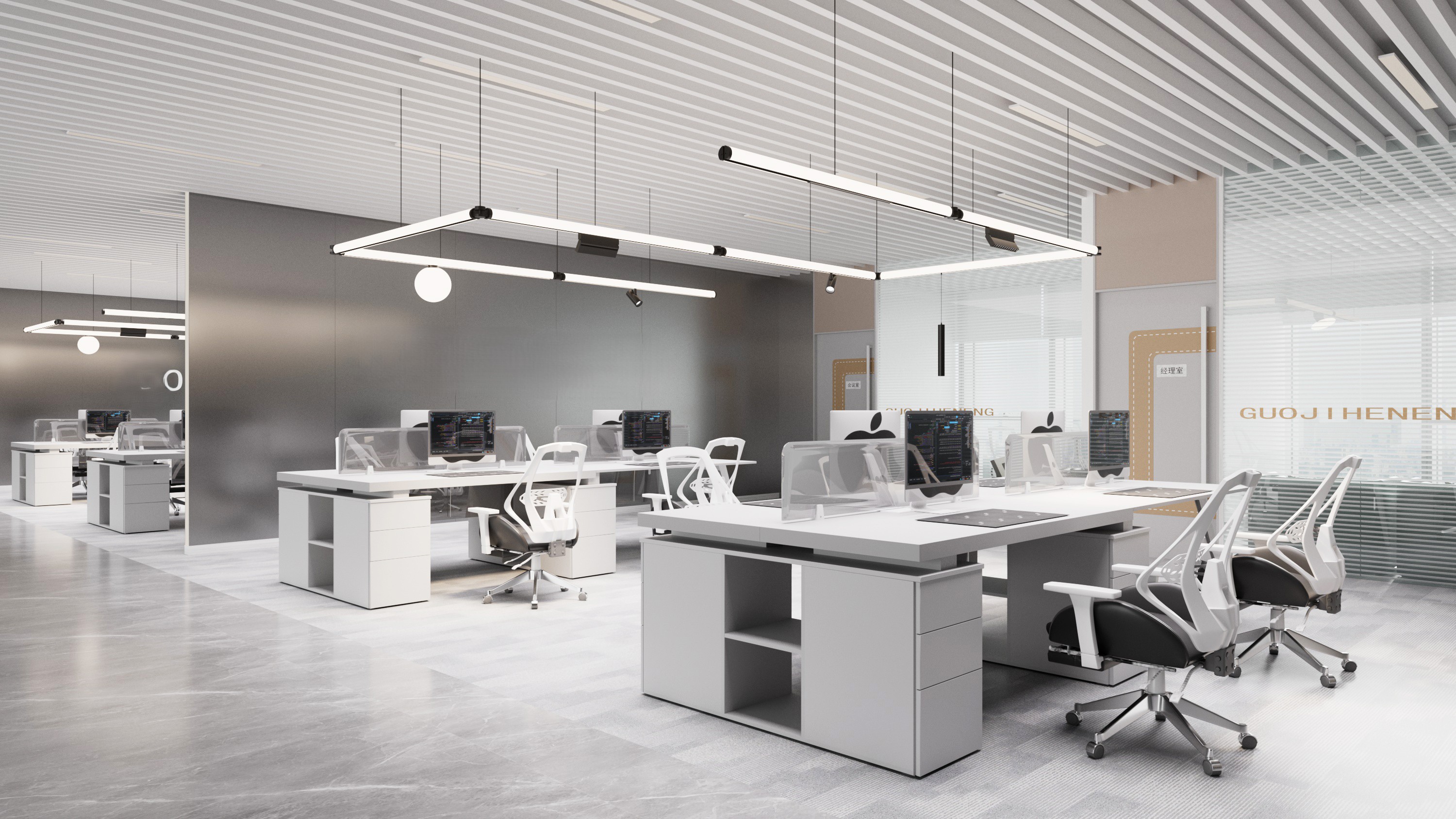 modern open office lighting with suspended linear lighting