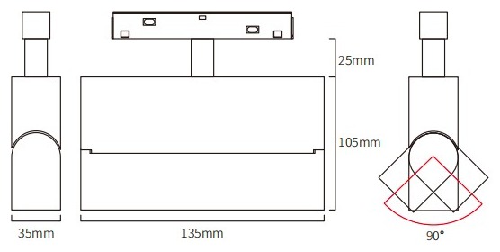 HS-CX003-5T dimension drawing: 35 mm body width, 135 mm module length, 105 mm body height plus a 25 mm track adapter, 90 degrees of tilt