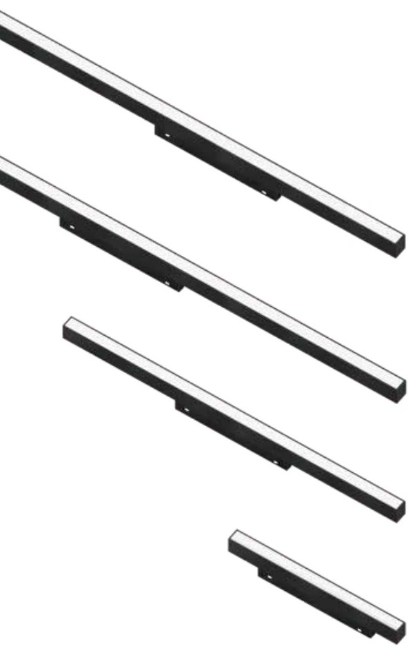 HS26 magnetic flood light modules in black, four lengths from 300 mm to 1200 mm shown in perspective