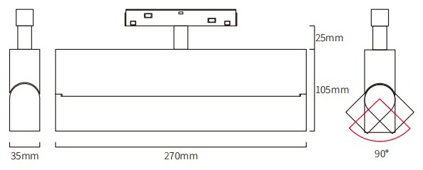 HS-CX003-10T dimension drawing: 35 mm body width, 270 mm module length, 105 mm body height plus a 25 mm track adapter, 90 degrees of tilt