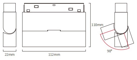 HS-CX003-6F dimension drawing: 22 mm body width, 112 mm module length, 110 mm height and 90 degrees of tilt