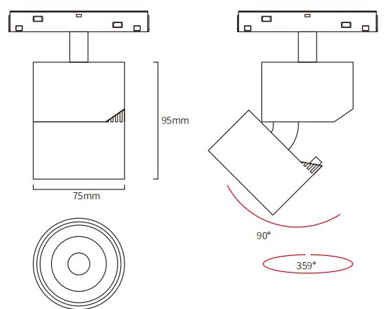 HS-CXM75 dimension drawing: Ø75 mm cylinder head, 95 mm height, 90 degrees tilt and 359 degrees rotation