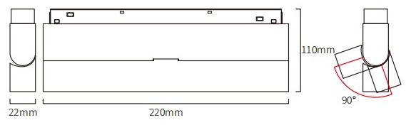HS-CX003-12F dimension drawing: 22 mm body width, 220 mm module length, 110 mm height and 90 degrees of tilt
