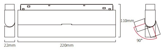 HS-CX003-12T dimension drawing: 22 mm body width, 220 mm module length, 110 mm height and 90 degrees of tilt