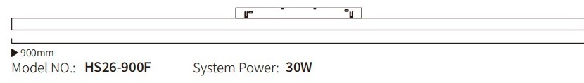 HS26-900F flood module drawing: 900 mm overall length, 30W system power
