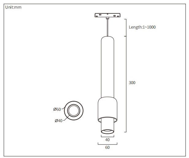 HS-CXDSL300 dimension drawing: Ø40 by 300 mm tube with a Ø60 mm step collar, 1 to 1000 mm adjustable suspension