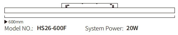 HS26-600F flood module drawing: 600 mm overall length, 20W system power