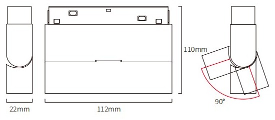 HS-CX003-6T dimension drawing: 22 mm body width, 112 mm module length, 110 mm height and 90 degrees of tilt