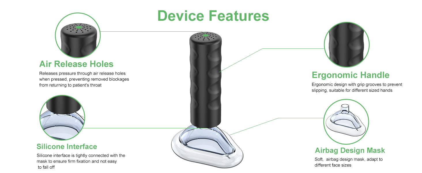 EasyPumpVac suction device for choking showing mask placement and pull action