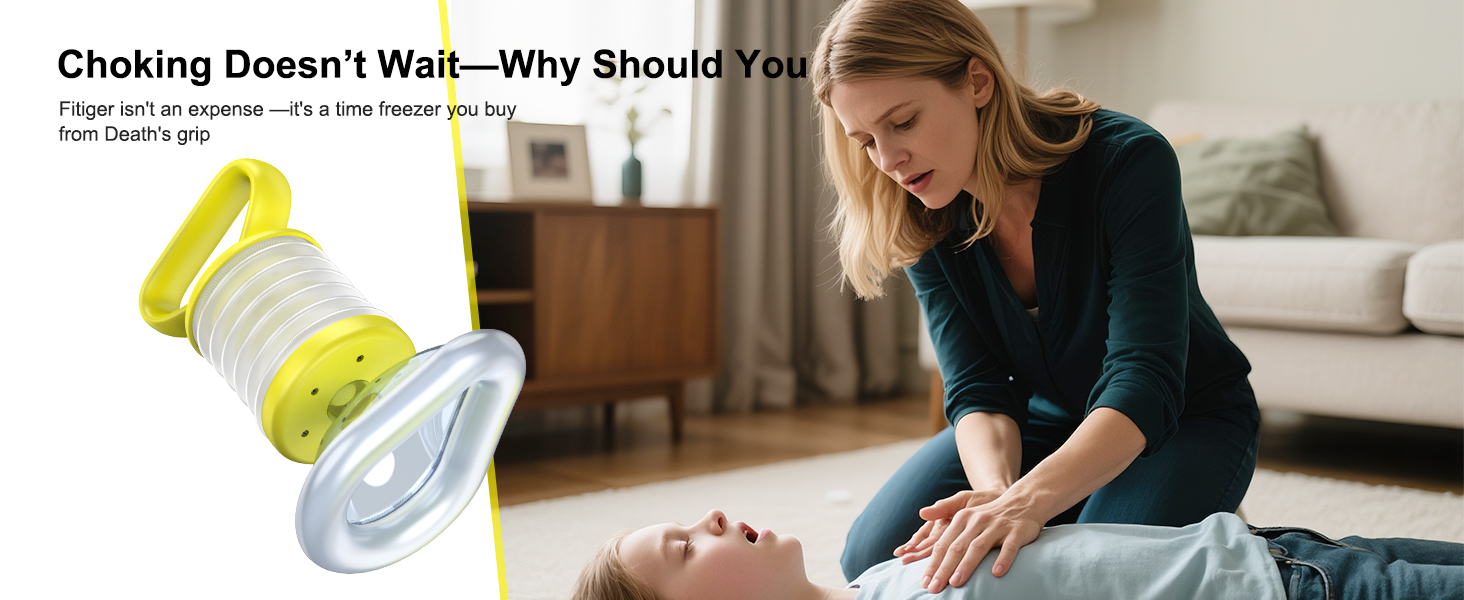 Yellow LifoVox suction device for choking shown near a family emergency scene