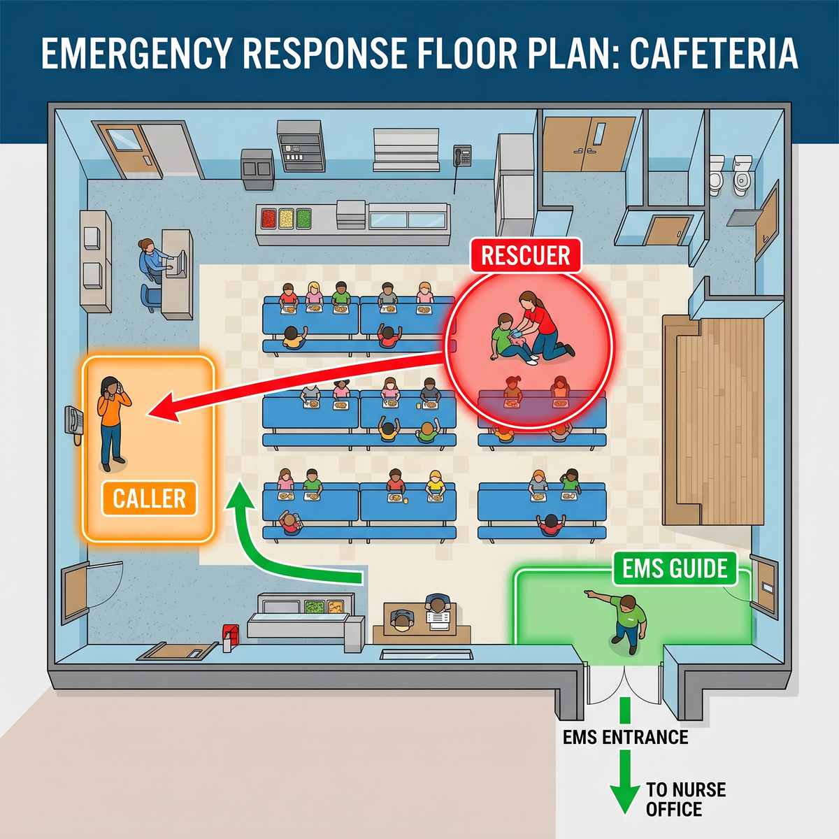 Three role cafeteria response drill for school choking safety planning