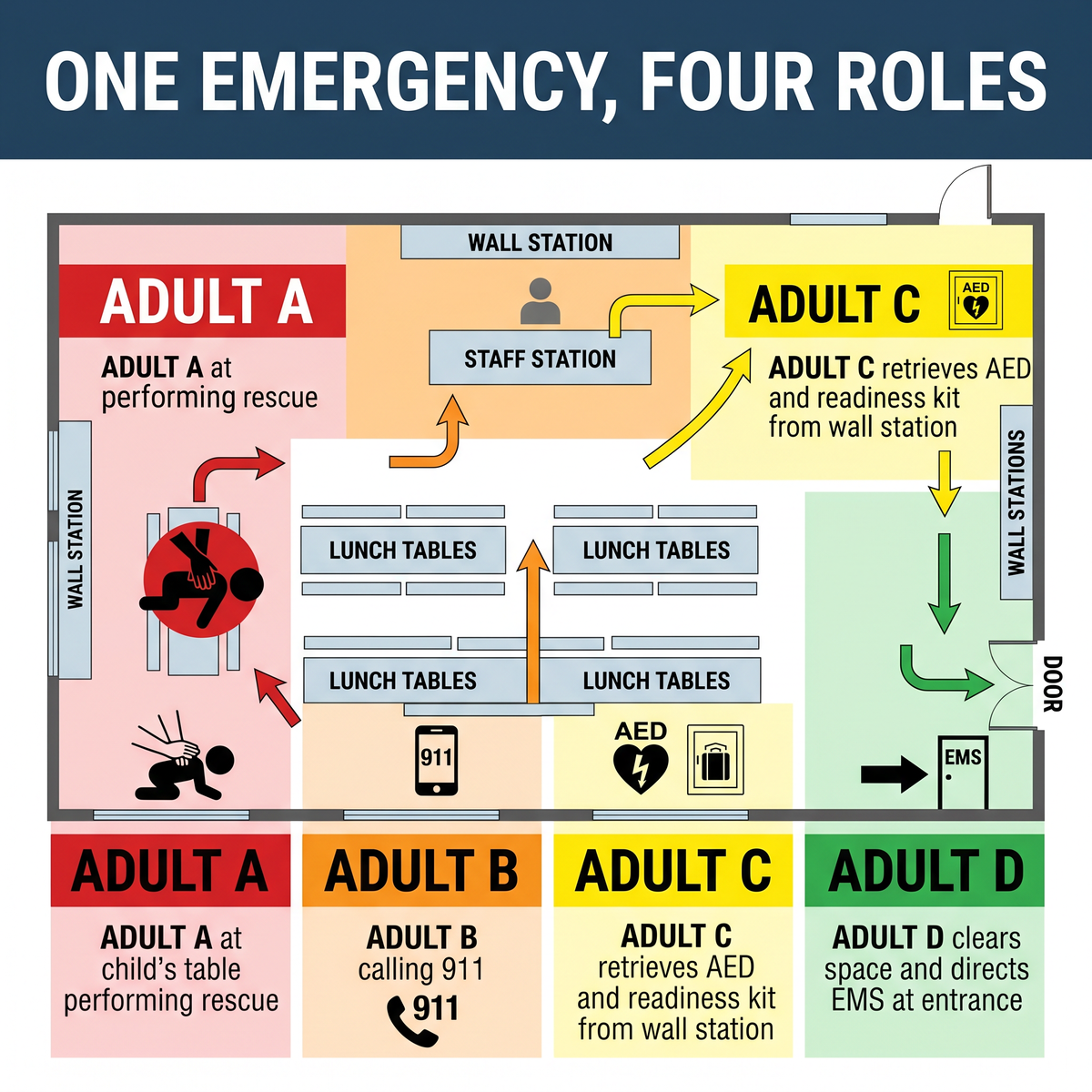 Cafeteria roles 911 AED device workflow1 for school choking safety planning