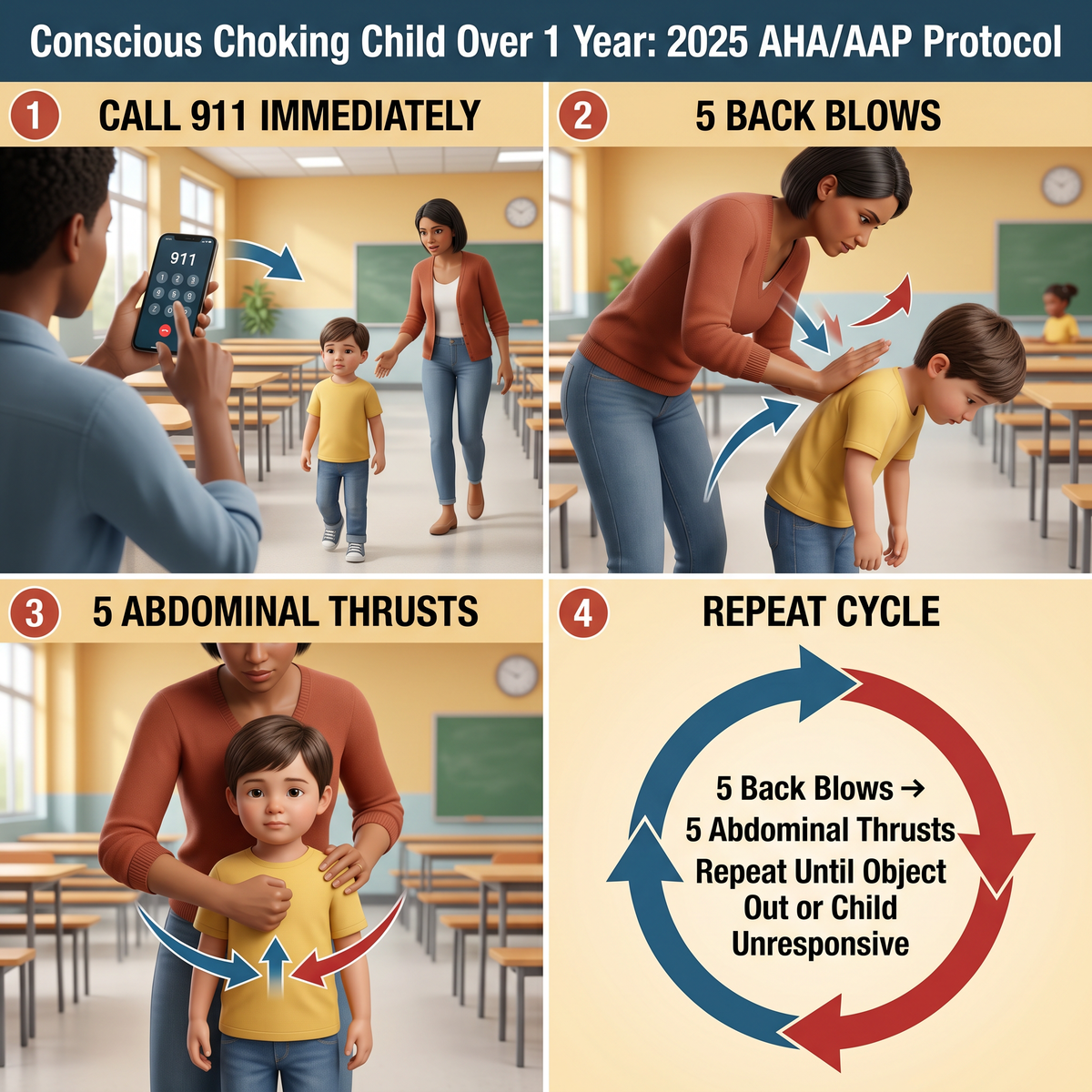 Child over 1 choking first aid steps