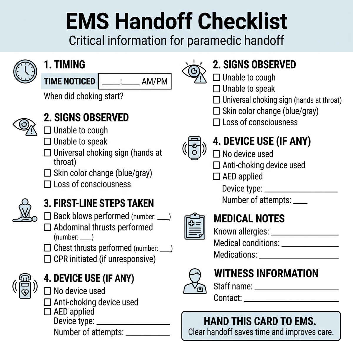 EMS handoff school choking checklist