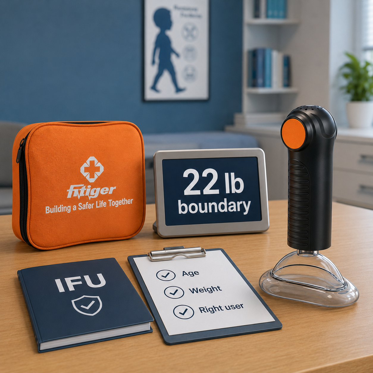 Fitiger EasyPumpVac and orange carrying bag beside a 22 lb boundary IFU checklist in a pediatric clinic planning scene