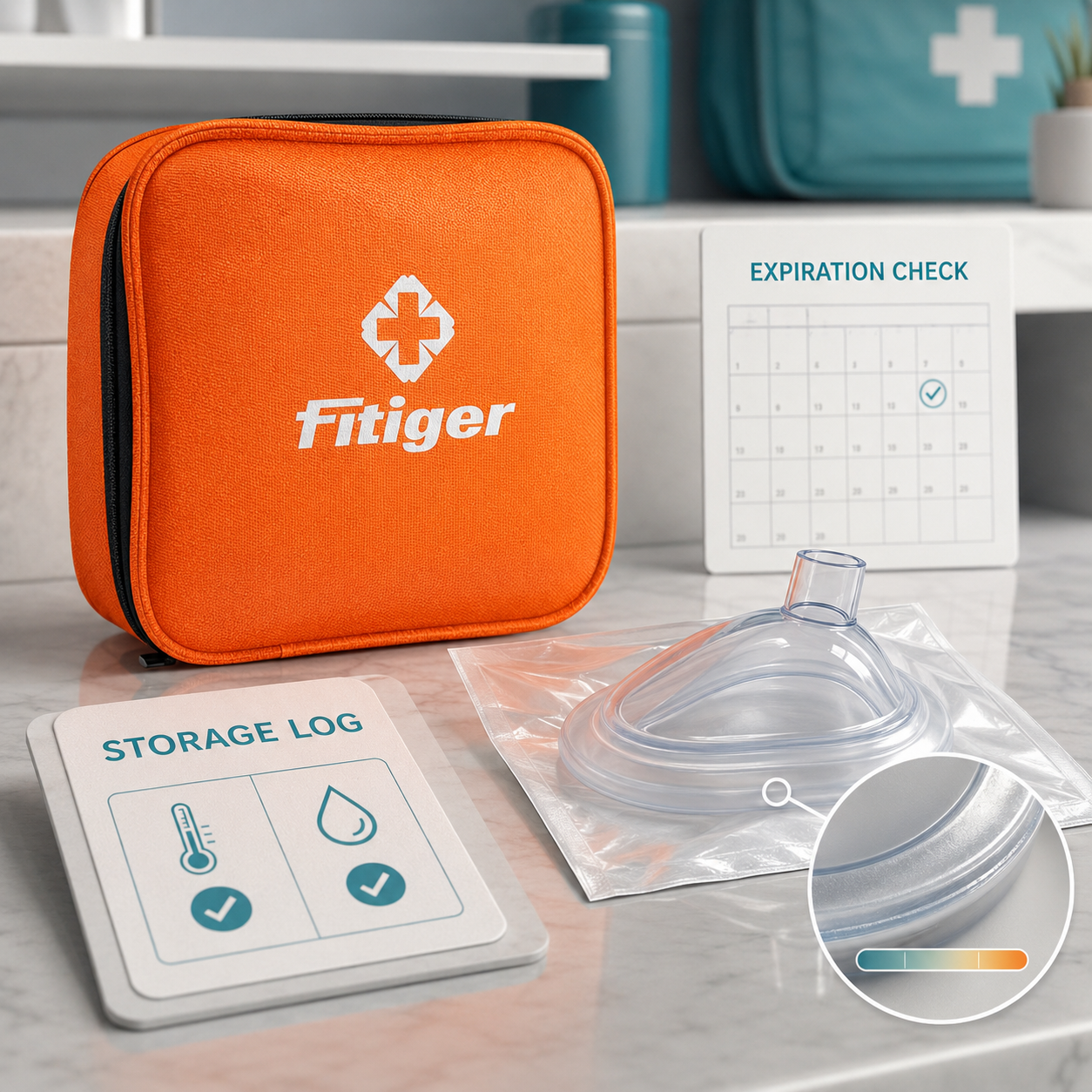 Anti choking mask storage and aging inspection with Fitiger kit