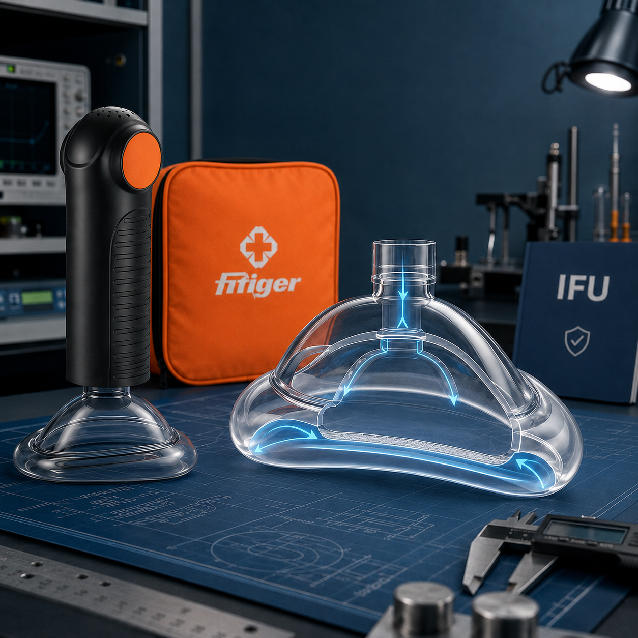 Fitiger EasyPumpVac transparent mask seal and pressure circuit lab scene for age and weight boundaries