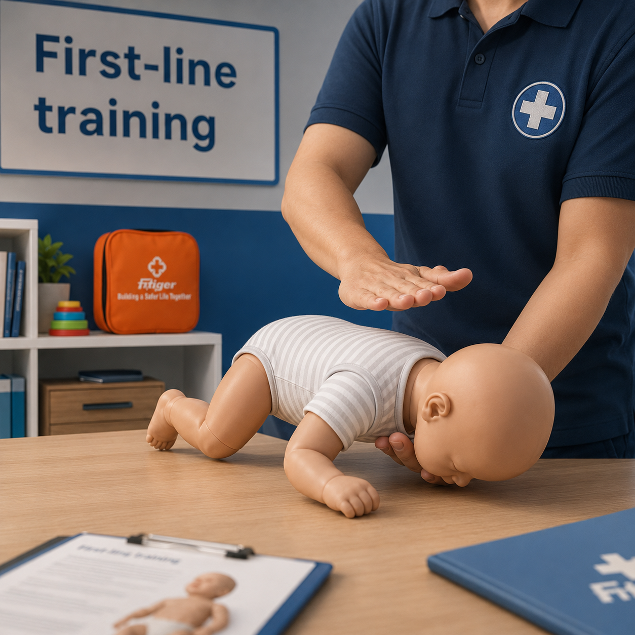 Infant choking first-line training mannequin showing back blows and chest thrusts without device use