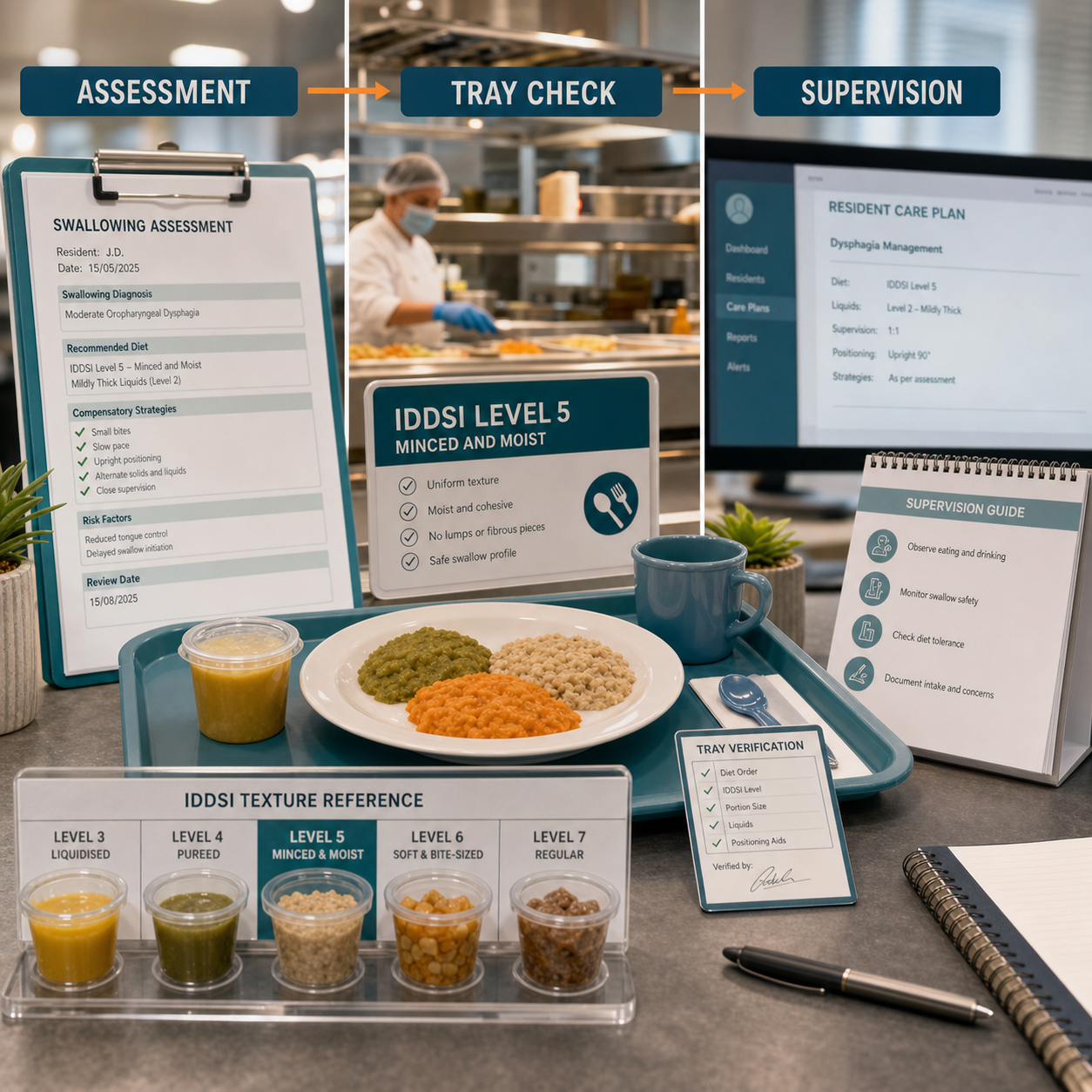 Aged care dysphagia assessment to tray verification system