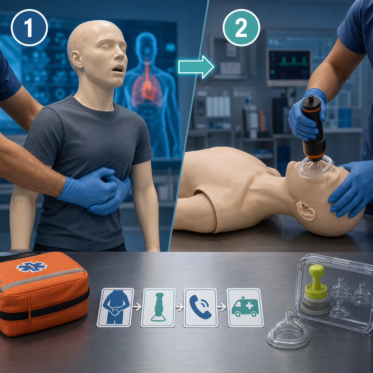 Anti choking device vs Heimlich manual first and QXN backup sequence