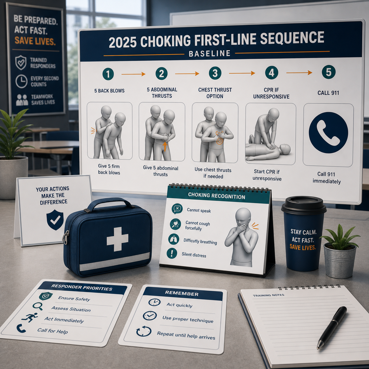 cinematic 3D 2025 choking first-line sequence training board for back blows abdominal thrusts and chest thrust alternatives