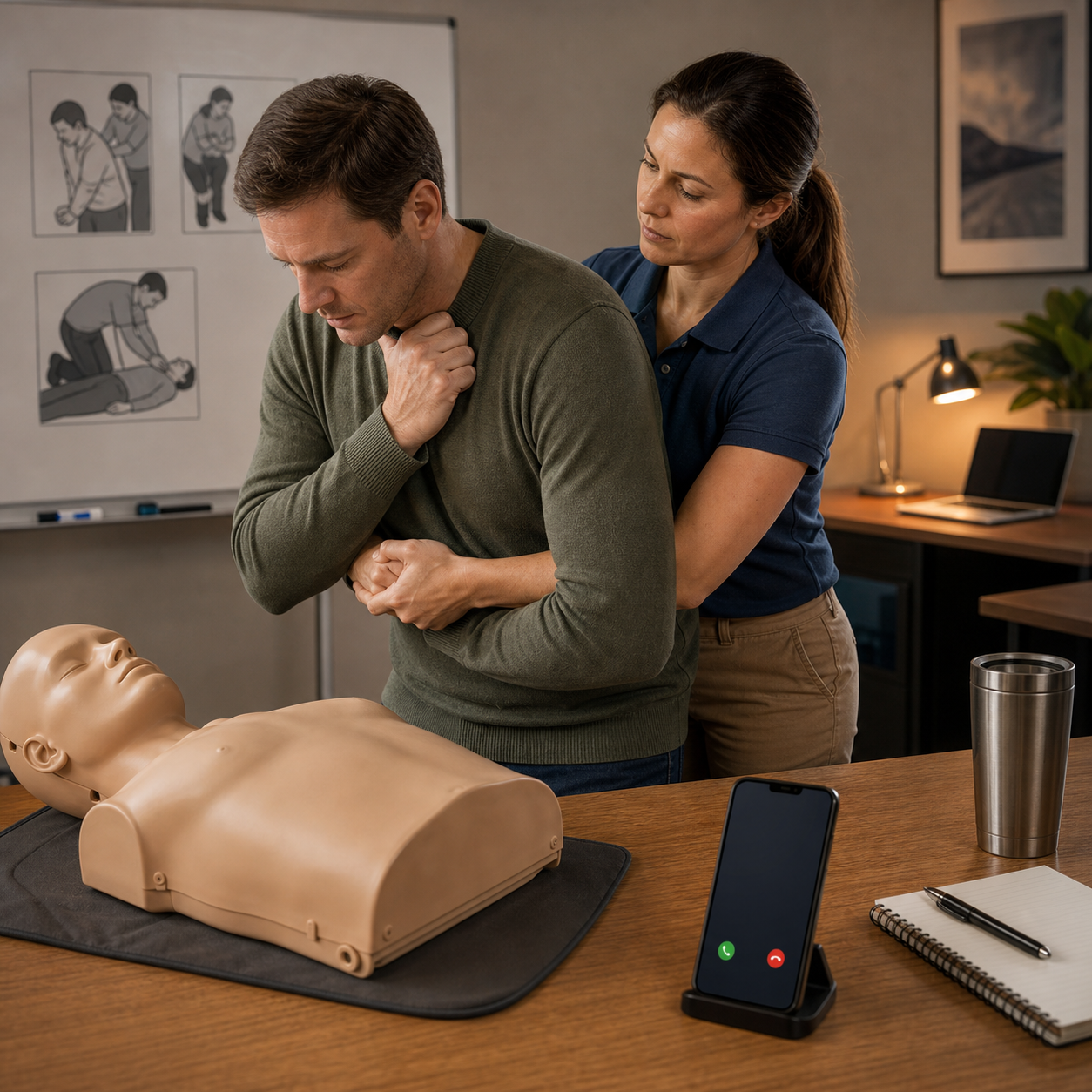 cinematic 3D adult severe choking response training scene showing 911 speakerphone back blows abdominal thrusts CPR readiness and dispatcher guidance