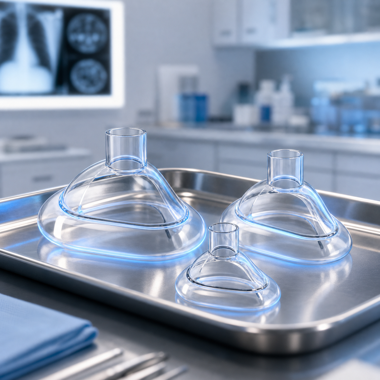 cinematic 3D transparent anti-choking device masks as the pressure interface in a clean medical maintenance scene