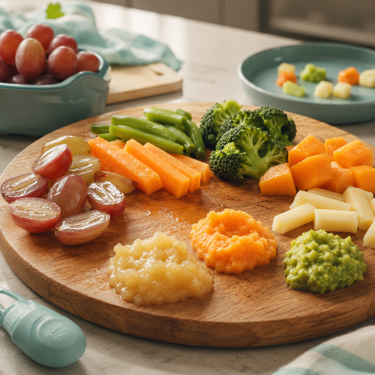 cinematic 3D baby and toddler food shape texture risk scene showing grapes hot dog cuts soft food prep and safer portions in a home kitchen