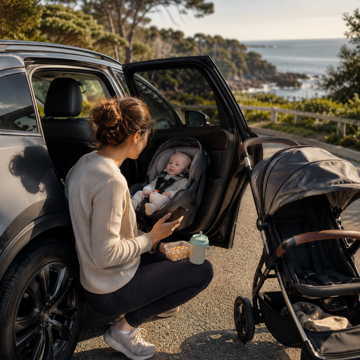 cinematic 3D infant car seat and stroller feeding risk scene showing parked vehicle stroller snack caution and caregiver pull-over readiness