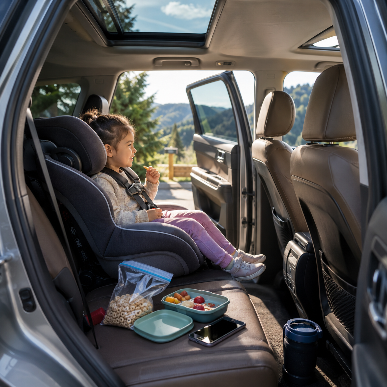 cinematic 3D car snack choking risk scene showing a parked family vehicle with child seat snack bag phone and pull-over readiness plan
