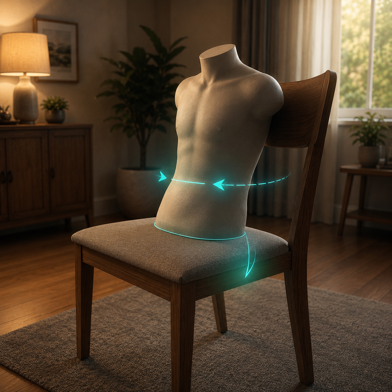 cinematic 3D chair method self-administered abdominal thrust training setup with stable chair and safe practice cues