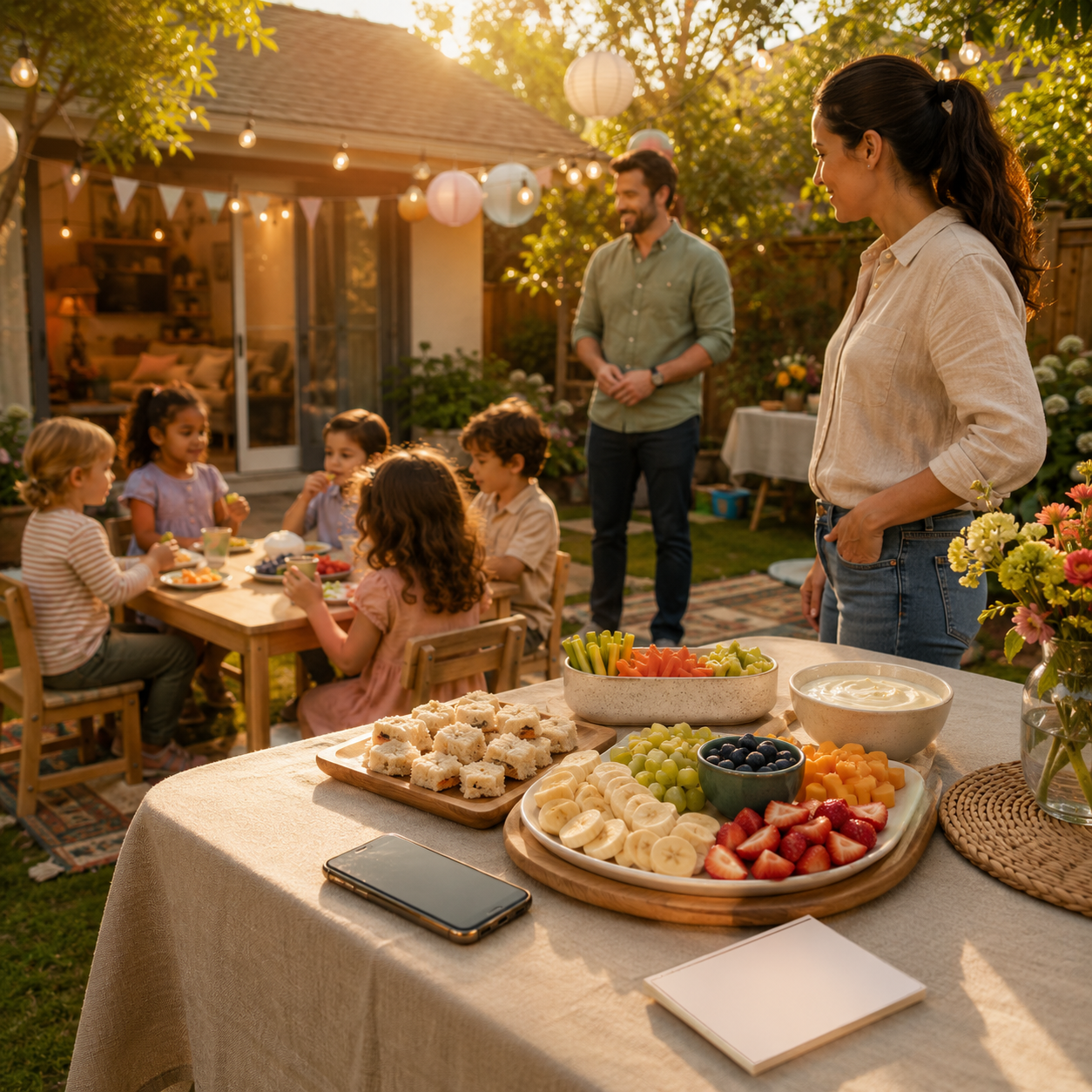 cinematic 3D child choking at home prevention cover showing a backyard party snack table with safer seated eating and caregiver awareness
