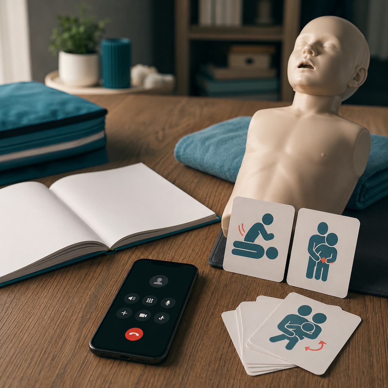 cinematic 3D child choking first aid sequence training scene showing 911 back blows abdominal thrusts and CPR readiness without distress imagery