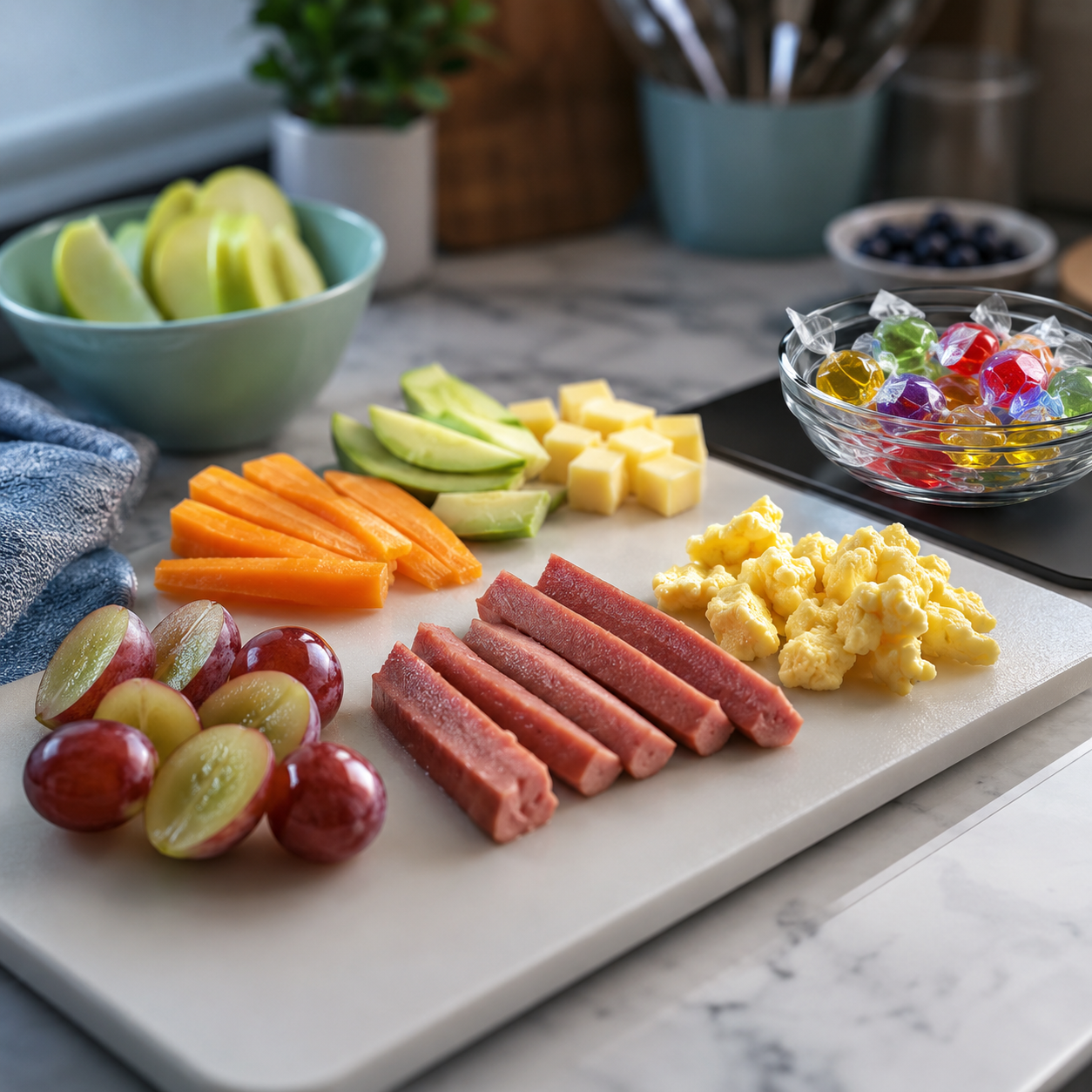 cinematic 3D child choking risk food shape scene comparing hot dogs grapes hard candy and safer child snack cuts in a home kitchen