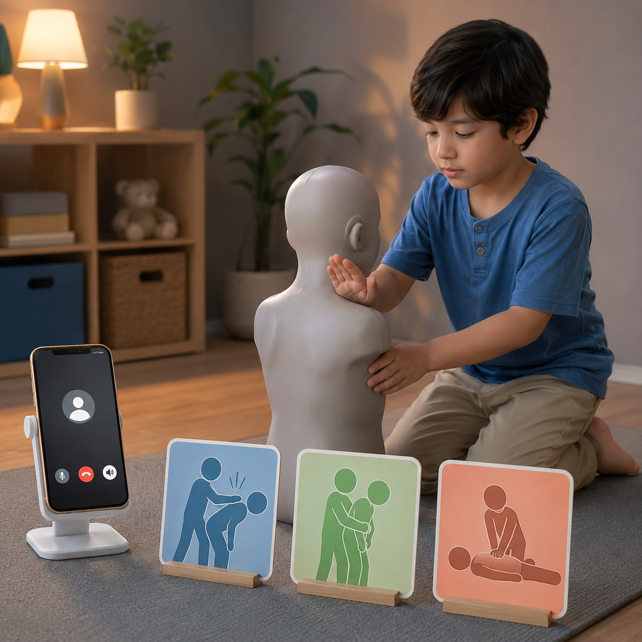 cinematic 3D child severe choking response training scene showing 911 speakerphone back blows abdominal thrusts and CPR readiness without fear imagery