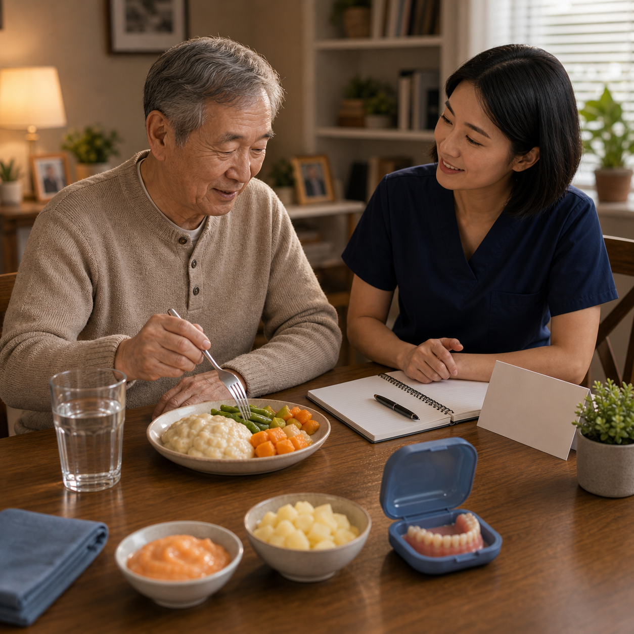 cinematic 3D dentures and chewing efficiency scene showing dental case soft food preparation and meal safety review
