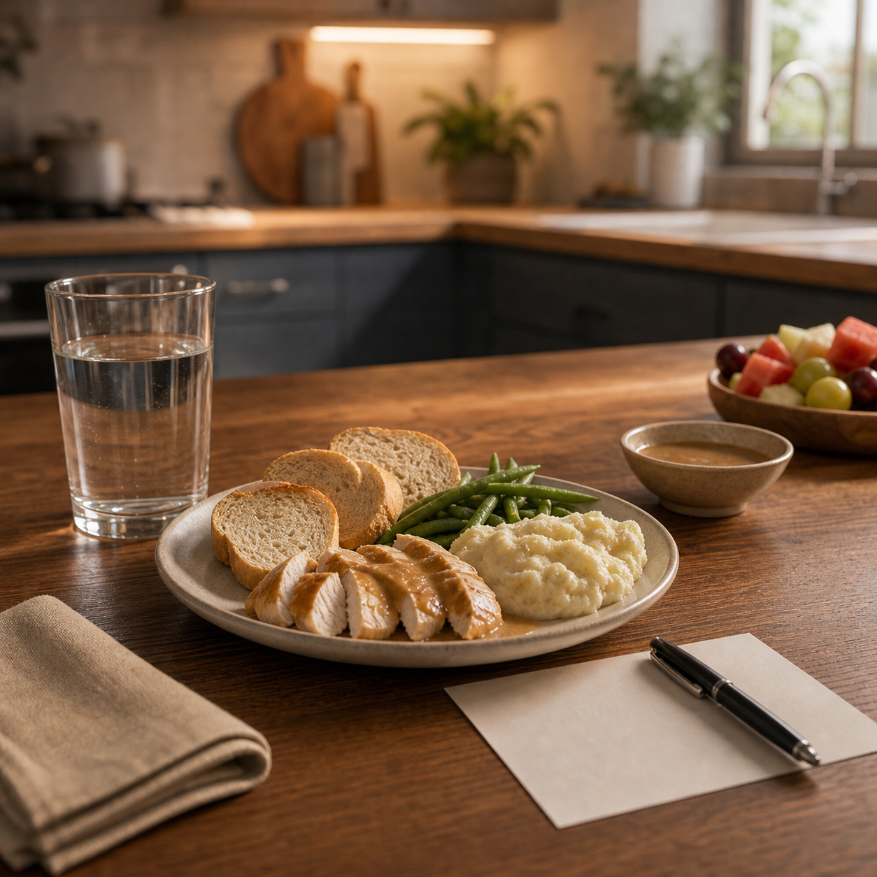 cinematic 3D dry mouth and food texture risk scene for older adult meals showing bread chicken sauce and water within a calm kitchen